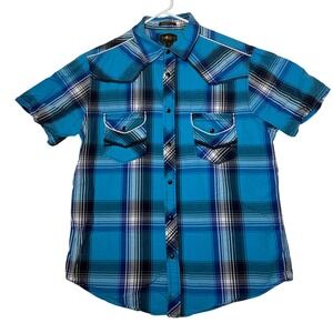 Helix Athletic Fit Mens L Short Sleeve Plaid Western Shirt Blue Button Up Cowboy